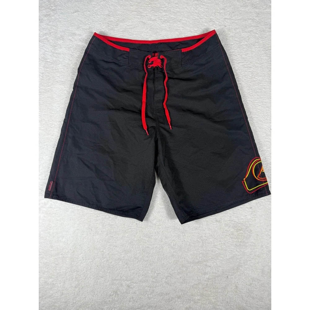 Quiksilver Board Shorts Mens 34 Black Red Y2K Retro Logo Surf Swim Trunks